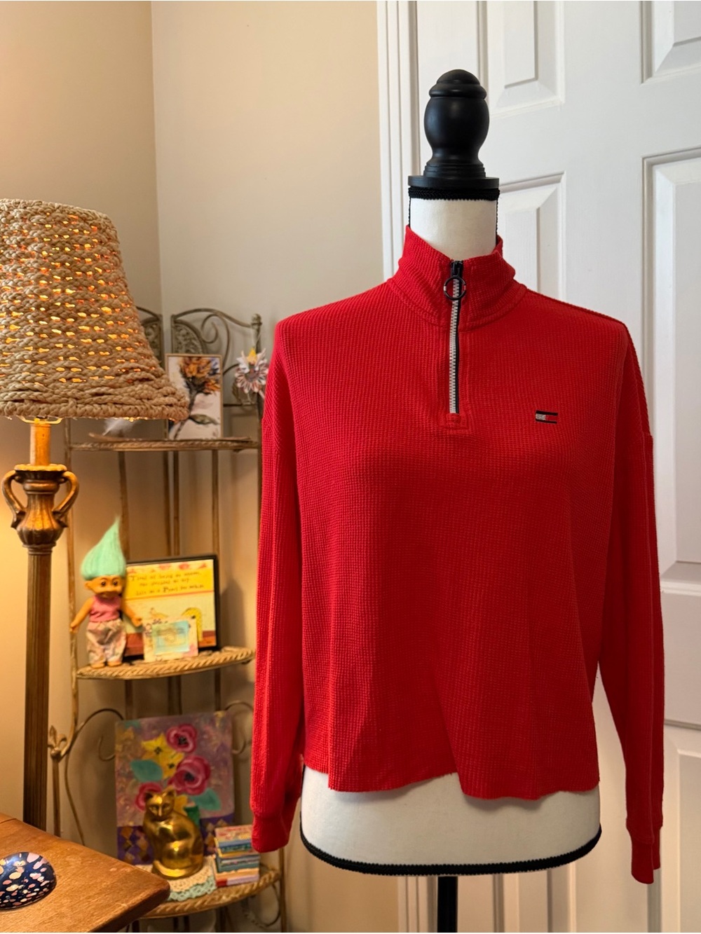 Tommy Hilfiger Sport Red Half-Zip Ribbed Women's Top sz sm some piling